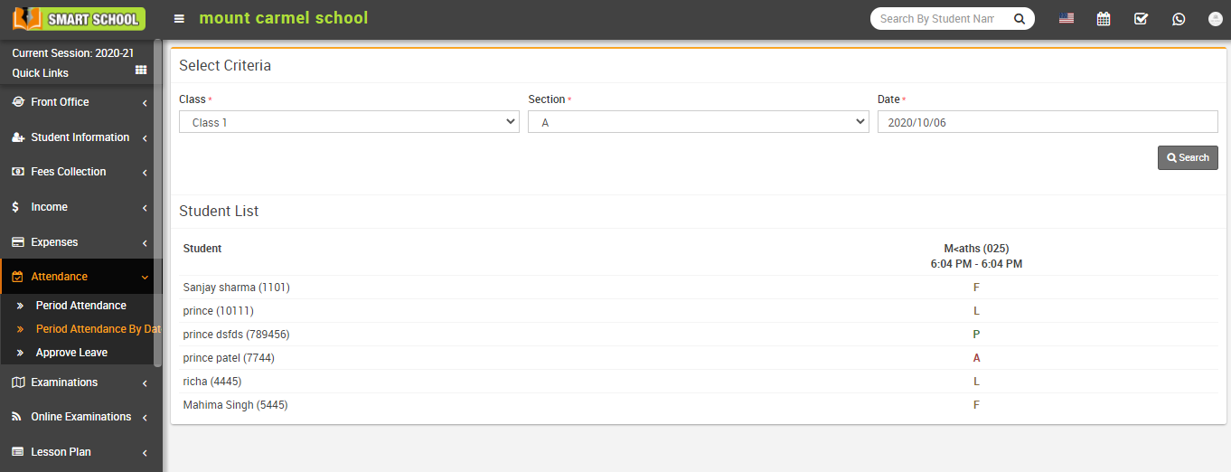 Period attendance by date image
