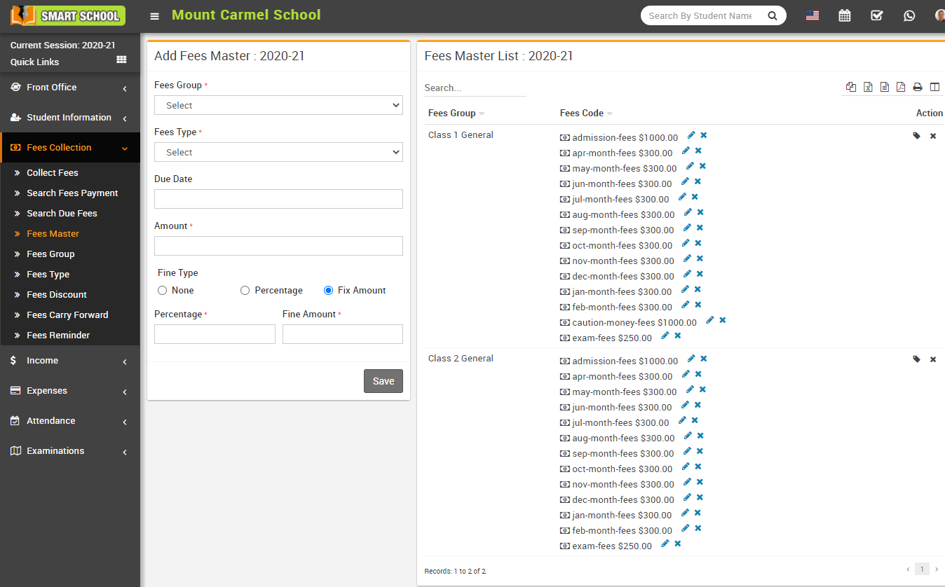 Add Fees master in smart school