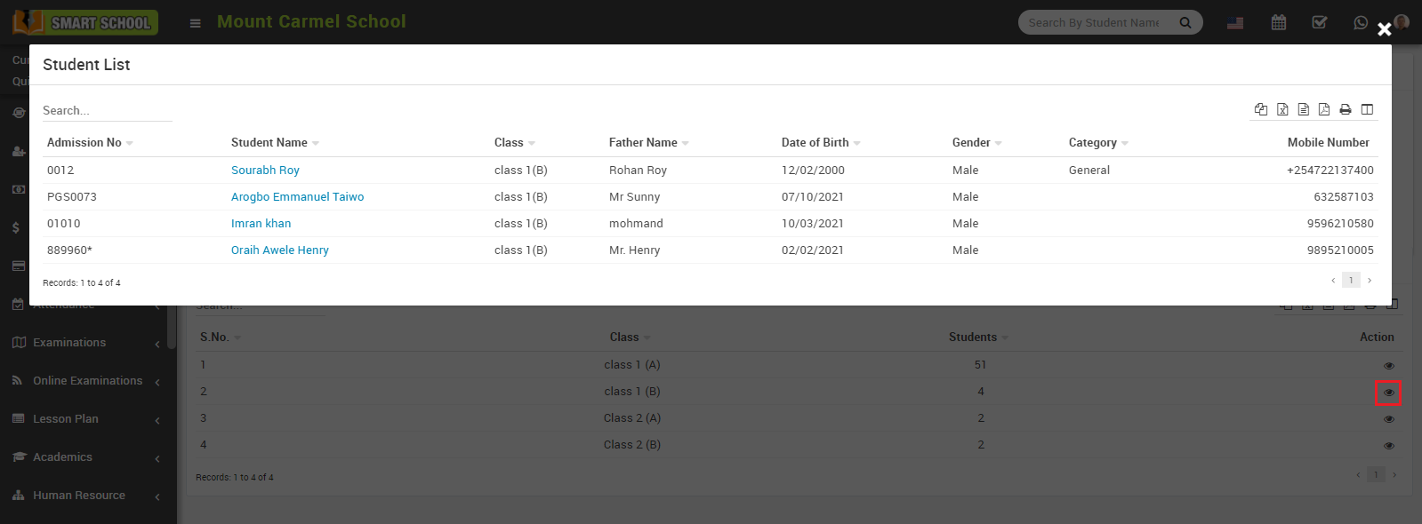 class section wise student list